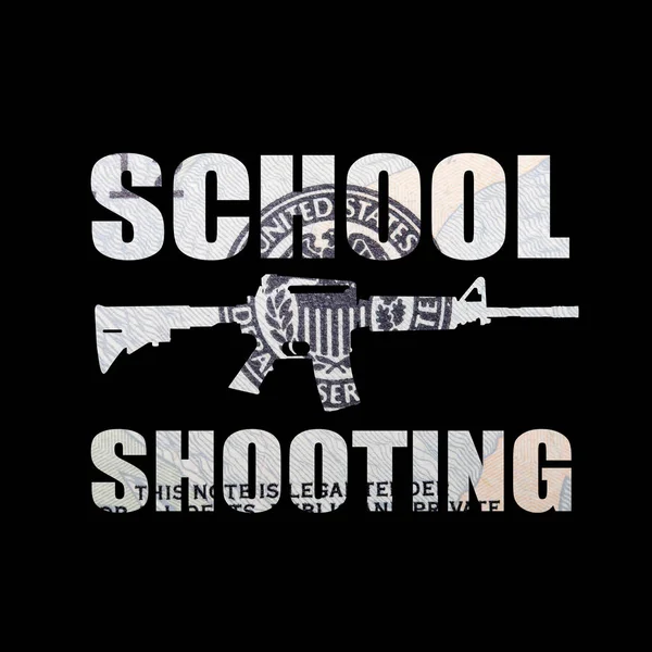 Gun with school shooting lettering, money on black background.