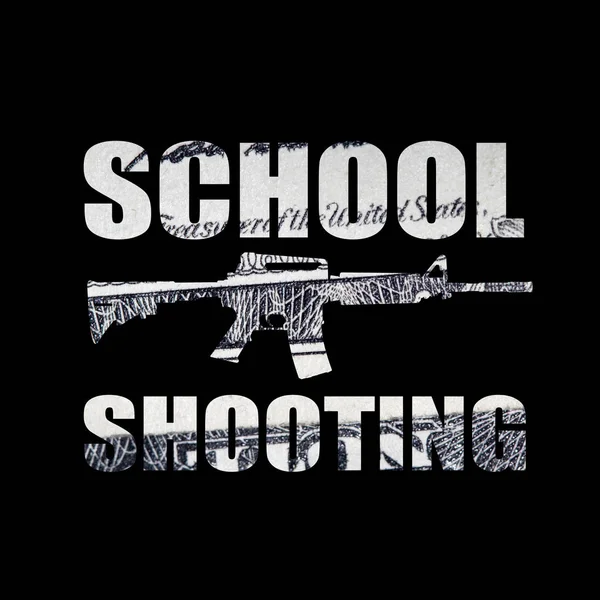 Gun with school shooting lettering, money on black background.
