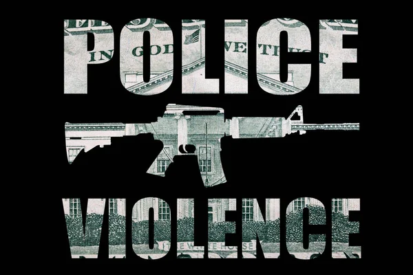 Pistola Con Letras Violencia Policial Dinero Adentro Sobre Fondo Negro — Foto de Stock