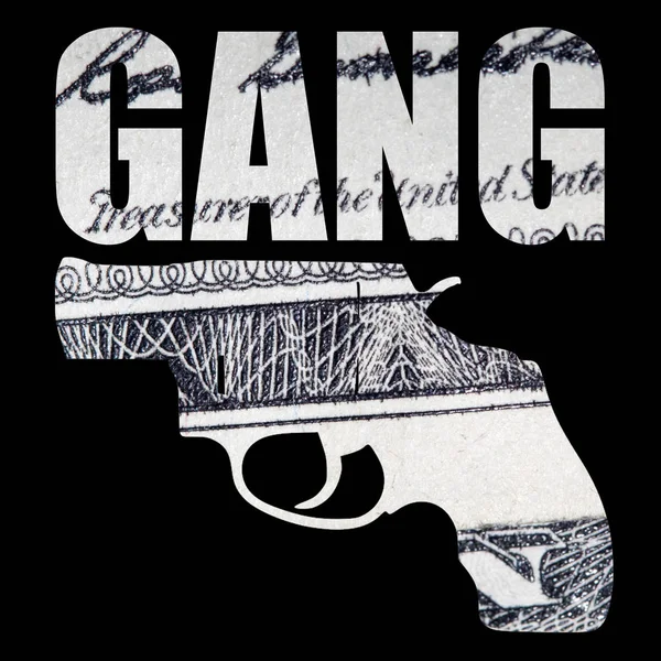 Gun with gang lettering, money inside on black background.