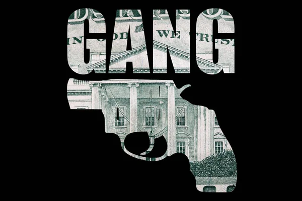 Gun Banda Betűkkel Pénz Belsejében Fekete Háttér — Stock Fotó
