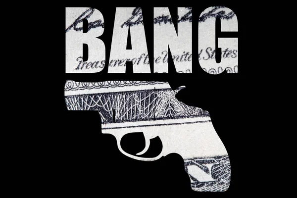 Small gun with BANG lettering, money on black background.