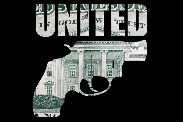 Pistola Pequeña Con Texto United Dinero Sobre Fondo Negro — Foto de Stock