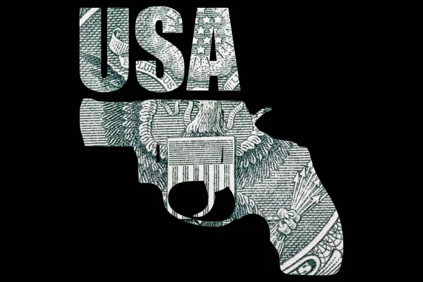 Petit Pistolet Avec Texte Usa Argent Dollar Sur Fond — Photo