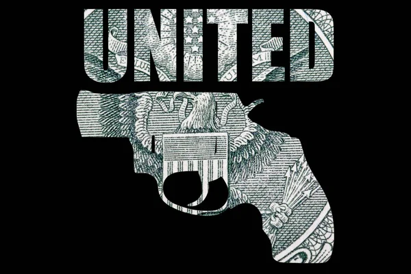 Small gun with United text, money on black background.