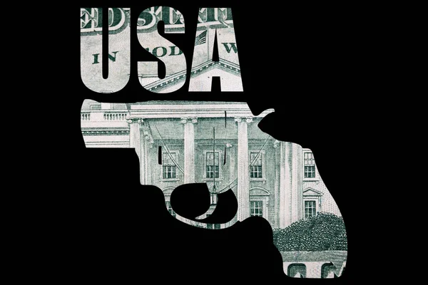 アメリカのテキストと小さな銃 背景にドルのお金 — ストック写真