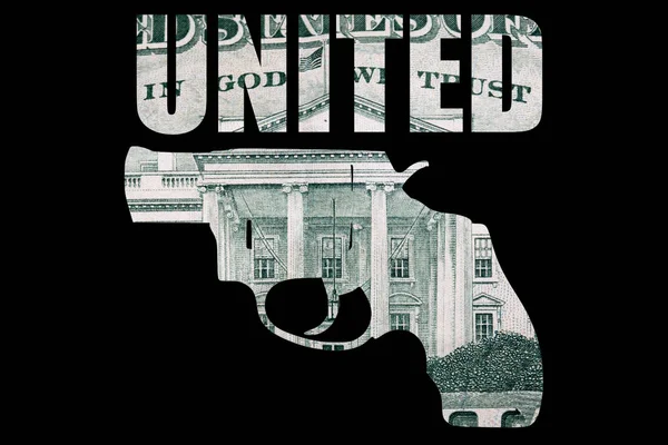 Pistola Pequeña Con Texto United Dinero Sobre Fondo Negro — Foto de Stock