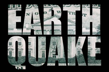 Deprem yazı, siyah arka plan üzerinde dolar para.