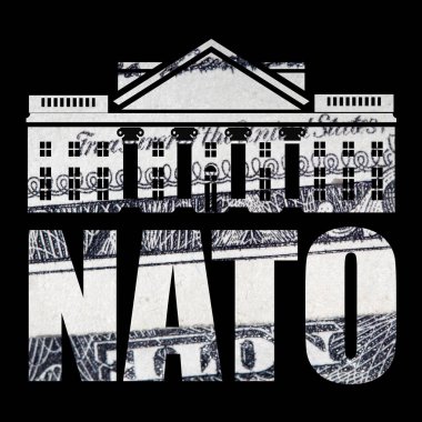 Nato harfleri ile Beyaz Saray silueti, siyah arka plan üzerinde para.