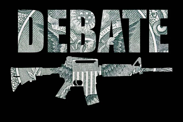 Gun silhouette with debate text, money on black background.