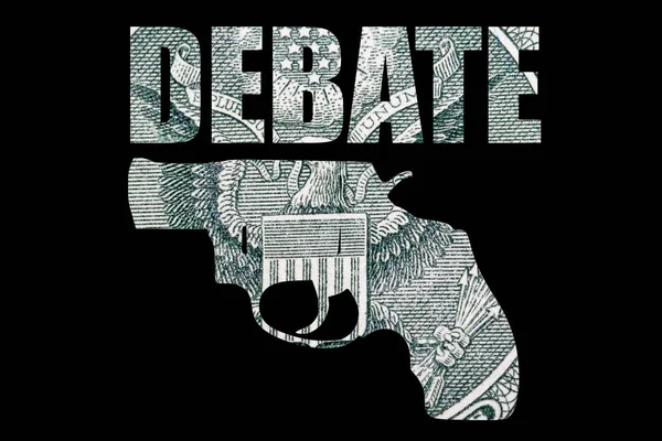 Silueta Pistola Con Texto Debate Dinero Sobre Fondo Negro — Foto de Stock