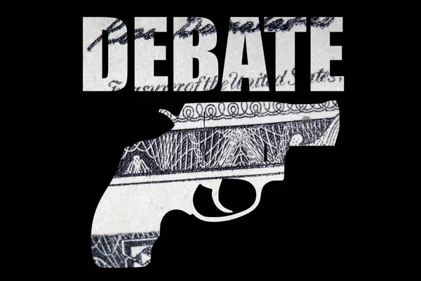 Gun silhouette with debate text, money on black background.