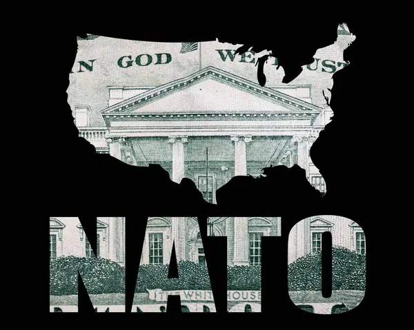 USA map silhouette with NATO lettering, money on black background.