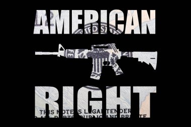 Amerikan sağ yazı ile makineli tüfek, siyah arka plan üzerinde para.