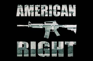 Amerikan sağ yazı ile makineli tüfek, siyah arka plan üzerinde para.