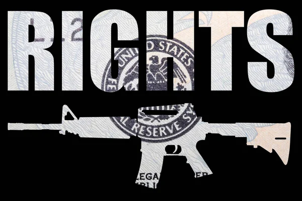 Gun with rights lettering, money on black background.