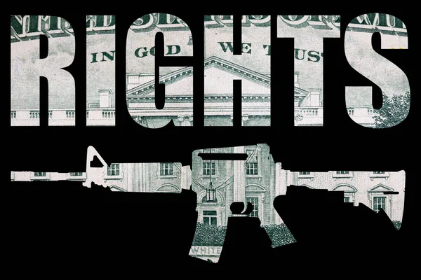 Gun with rights lettering, money on black background.