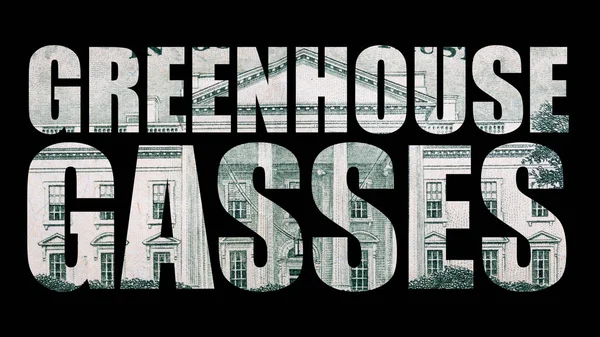 Greenhouse gasses, money on black background.