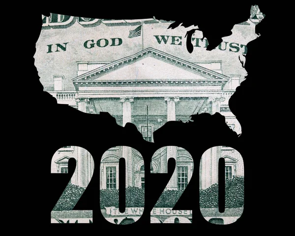 2020 Amerikaanse Kaart Silhouet Geld Zwarte Achtergrond — Stockfoto