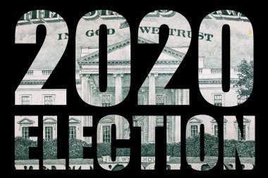 2020 seçim yazısı, siyah arka plan üzerinde para.