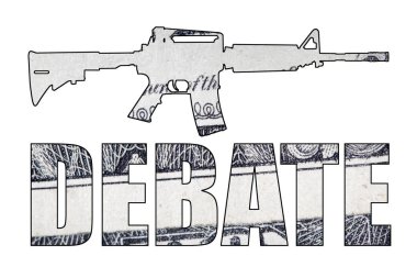 Tartışma ile Silah silueti, beyaz arka plan üzerinde para.