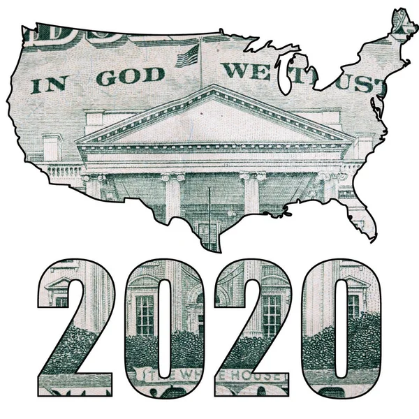 Знаки 2020 Года Американским Силуэтом Карты Деньги Белом Фоне — стоковое фото