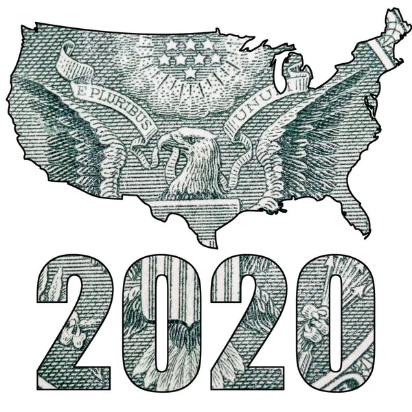 Знаки 2020 Года Американским Силуэтом Карты Деньги Белом Фоне — стоковое фото