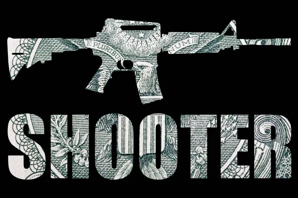 Silahlı Shooter Metin Siyah Arka Plan Üzerinde Para — Stok fotoğraf