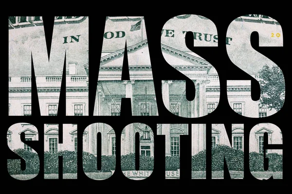 Mass shooting text with gun, money on black background.