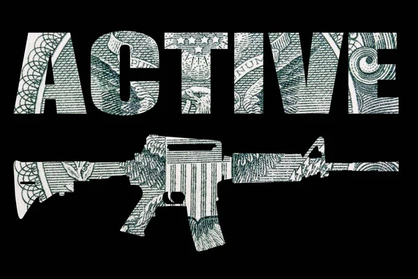 Palabra Activa Con Arma Dinero Sobre Fondo Negro — Foto de Stock