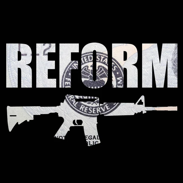 Reform Phrase Gun Money Black Background — Stock Photo, Image