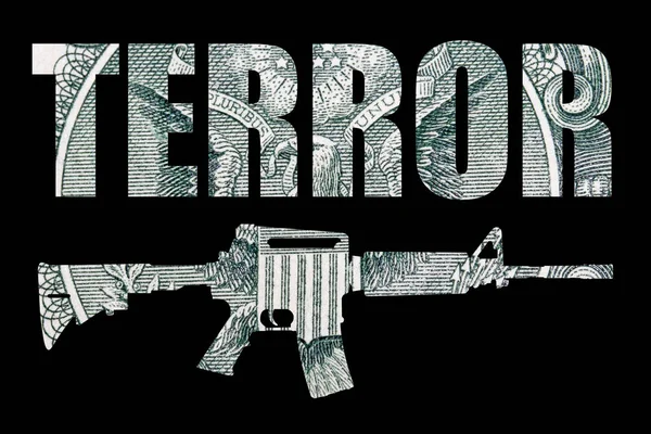 Palabra Terror Con Arma Dinero Sobre Fondo Negro — Foto de Stock
