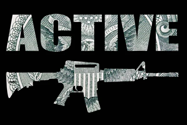 Aktivt Ord Med Pistol Pengar Svart Bakgrund — Stockfoto