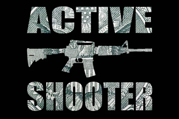 Active Shooter Text Gun Money Black Background — Stock Photo, Image