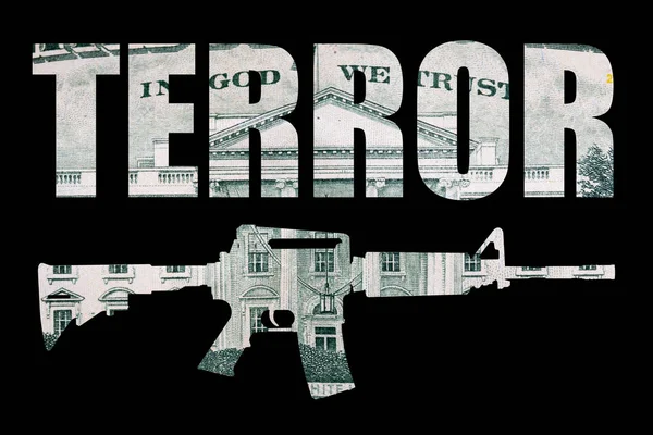 Terror Szó Fegyverrel Pénz Fekete Háttér — Stock Fotó