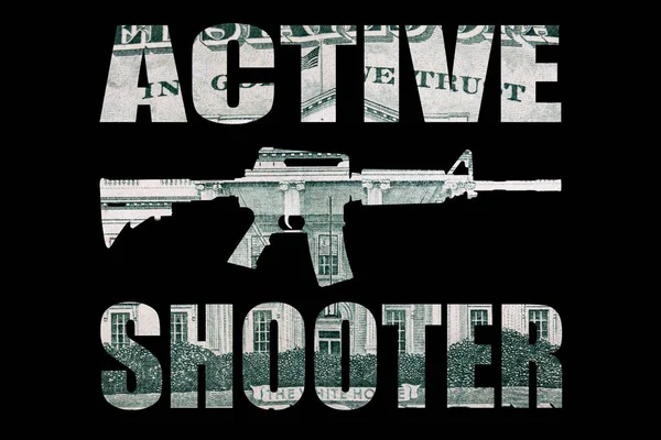 Active Shooter Text Gun Money Black Background — Stock Photo, Image