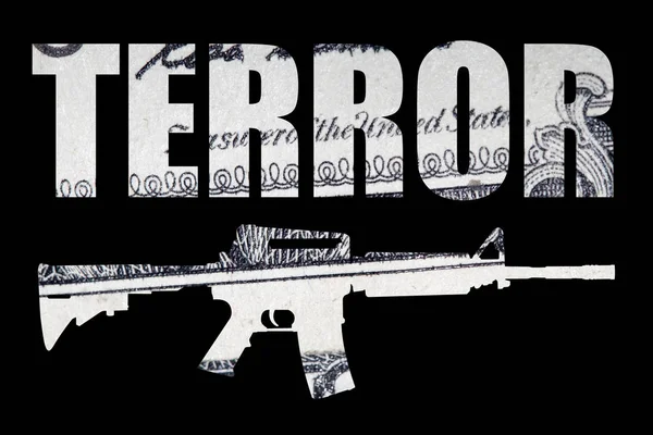 Palavra Terror Com Arma Dinheiro Sobre Fundo Preto — Fotografia de Stock