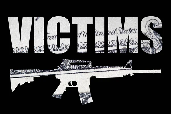 Victims Lettering Gun Money Black Background — Stock Photo, Image