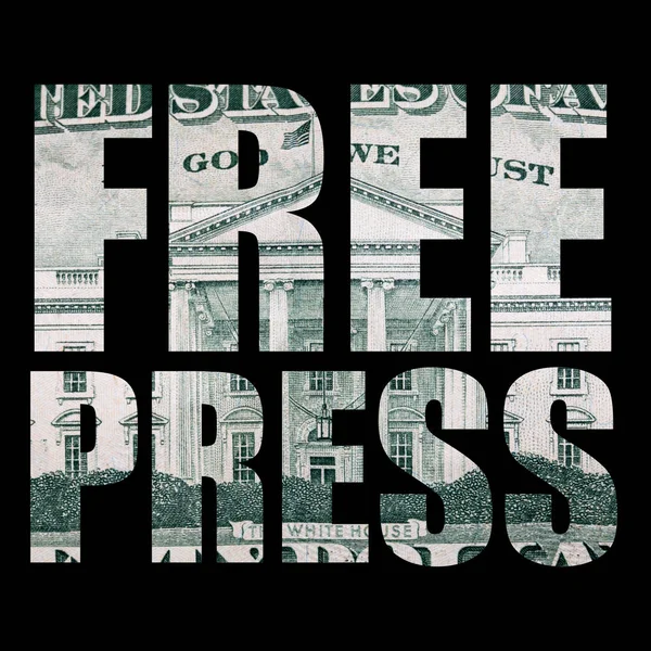 Free press lettering, money on black background.