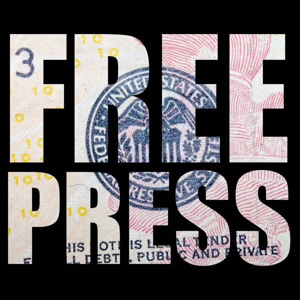 Free press lettering, money on black background.