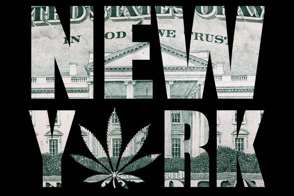 纽约海报和黑色背景的大麻 — 图库照片
