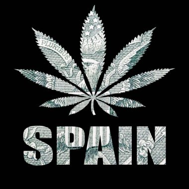 İspanya posteri ve siyah arka planda marihuana.