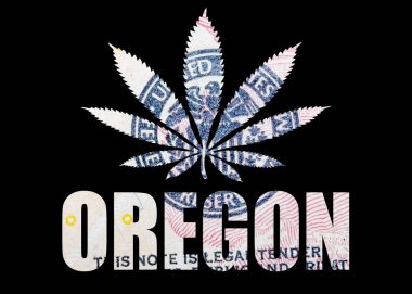 Oregon posteri ve siyah arka planda marihuana..