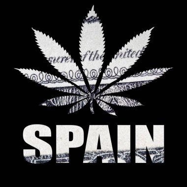 İspanya posteri ve siyah arka planda marihuana.
