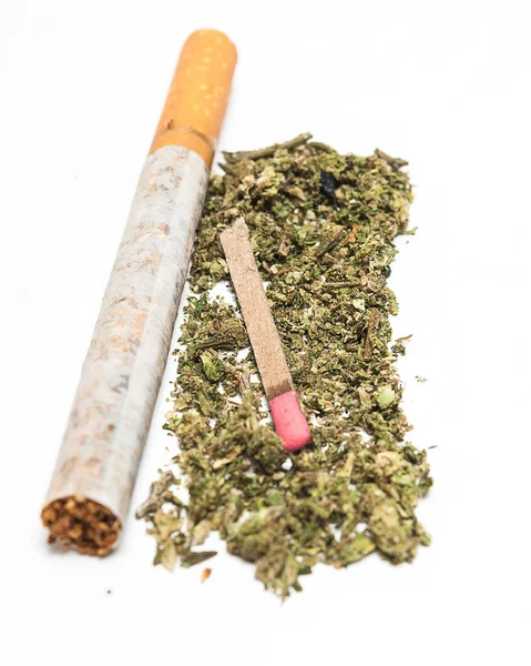 Marijuana Cannabis Con Fiammifero Sfondo Bianco — Foto Stock