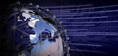 Bağlantı ağı ile dünya küre. Koyu mavi arka plan. Baskılı devre ve ikili kod.