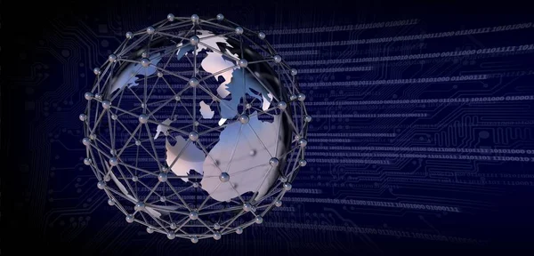 Earth globe with connection network. Dark blue background. Printed circuit and binary code.