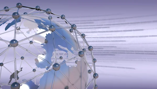 Earth globe with connection network, bluish background. Printed circuit and binary code.