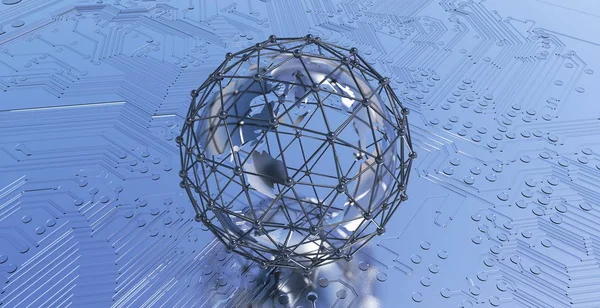 Network concept. Earth globe with connection network. Printed circuit board.
