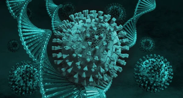 Virüsler ve DNA. DNA moleküllü 3D oluşturulmuş virüs çizimi.
